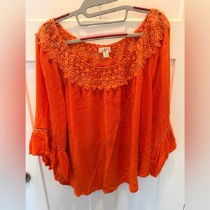 Studio Woman JP Plus Size 2X Boho Crochet Blouse Orange Bell Sleeve Peasant Top